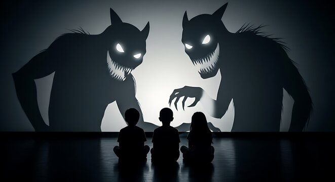 Children facing shadow monsters conceptual illustration of fear and anxiety