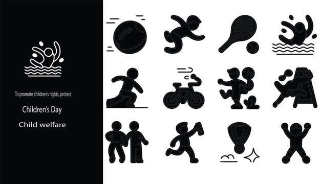 Little girl and boy playing cycling, swimming,jumping,running, badminton, volleyball ball, basketball joyfully smiling together, cartoon vector, childhood nostalgia rocking horse out line icon