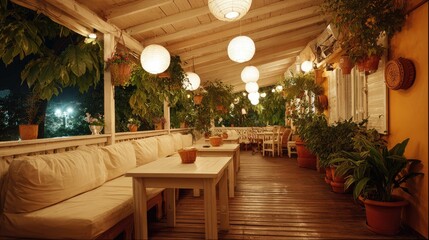 Obraz premium Cozy outdoor restaurant patio with soft lighting, lush greenery, and comfortable seating for an inviting evening atmosphere