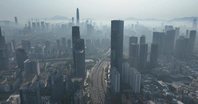 Aerial footage of downtown landscape in shenzhen city, China