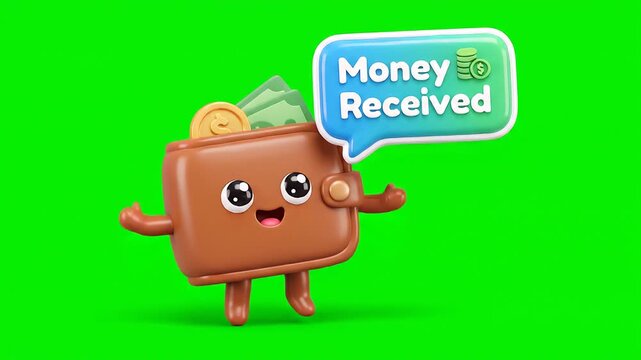 Joyful 3D Money Received notification a cute wallet character celebrates successful payment and financial income. Ideal for digital transaction success and banking apps