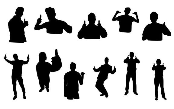 people pointing tumbs confident pose silhouettes set
