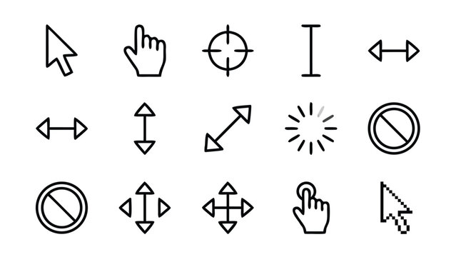 Modern collection of twelve minimalist cursor and mouse pointer line icons including arrow, hand, link, load, and resize states in an organized grid layout with uniform stroke width and style.