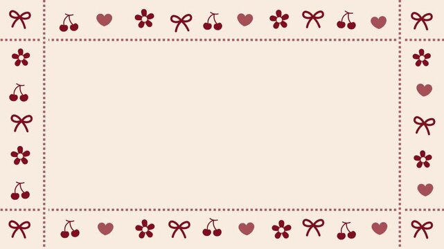 4k footage frame animation of coquette filled with cherries, heart, ribbon, in red color giving sweet, feminine look. Playful trendy coquette bow pattern with cream white background and classic vibe