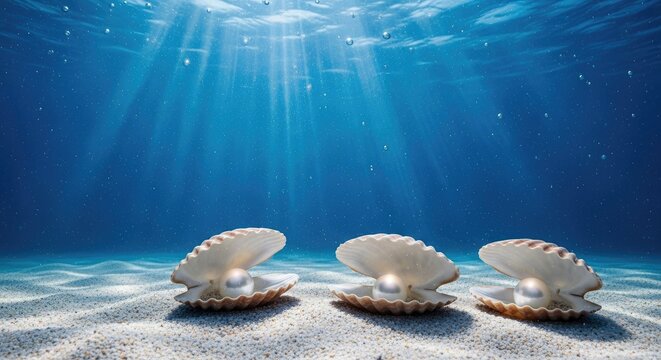 Underwater scene with three open shells and pearls in sunlight