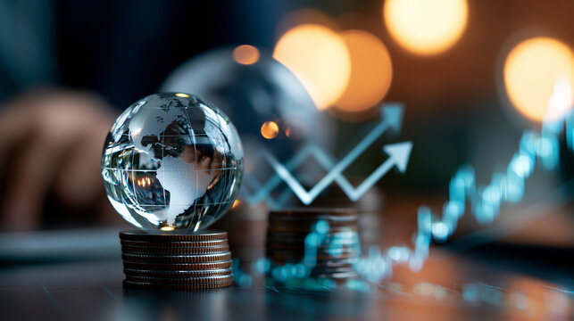 Stacked coins, glass globe and upward arrows over a subtle stock market graph, crisp commercial lighting, investment growth, compound interest, wealth management, global finance, long term