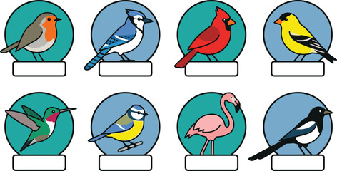 North American and Tropical Birds Vector Badge Set Featuring Robin Blue Jay Cardinal Goldfinch Hummingbird Blue Tit Flamingo and Magpie Icons © Lal