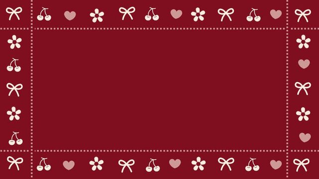 4k footage frame animation of coquette filled with cherries, heart, ribbon, in white cream color giving sweet, feminine look. Playful trendy coquette bow pattern with red background and classic vibe
