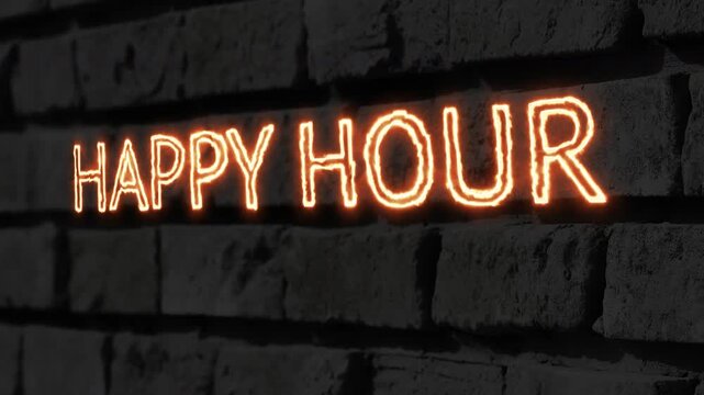 Orange Neon Happy Hour Sign Glowing On A Dark Textured Brick Wall Background For Nightlife