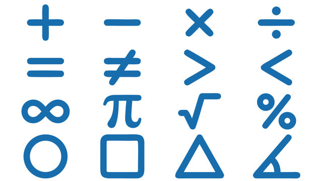 Mathematics and Geometry Symbol Icon Set: 16 rounded flat vector icons representing algebraic signs, geometric shapes, calculation tools, and educational science symbols for academic use.