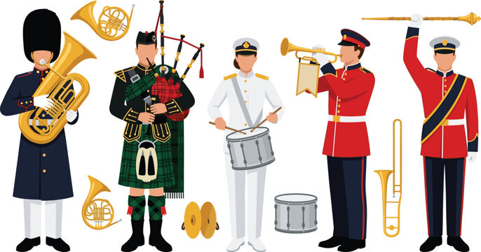 Military and Ceremonial Marching Band Vector Illustration Featuring Performers in Uniforms Playing Tuba Bagpipes Snare Drum Trumpet and French Horn