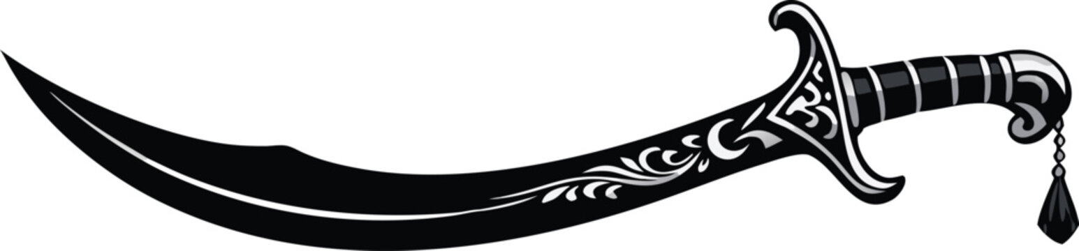 Black curved scimitar sword with ornate hilt and detailed blade illustration isolated on white background for middle eastern history and fantasy adventure game graphic design elements.