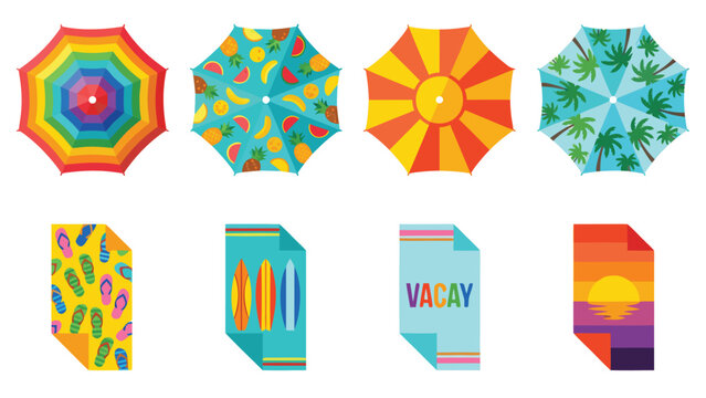Vibrant vector icon set of beach vacation essentials, featuring colorful umbrellas, towels, sun hats, flip flops, and summer travel elements in a clean flat style arranged in an organized grid.