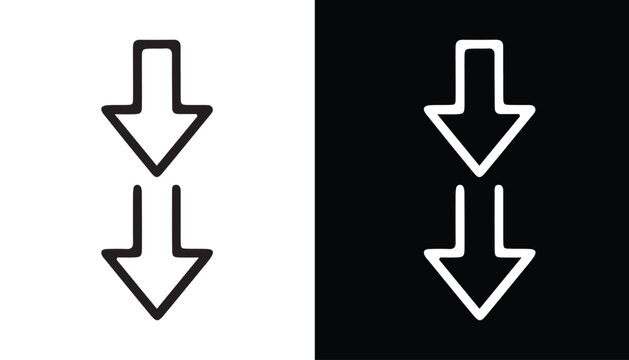 Down Arrow Icons: A graphic representation of two down arrow icons, presented in a clean, minimalist style on both white and black backgrounds, symbolizing direction, descent, or a downward trend.