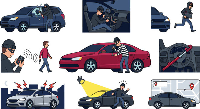 Car Theft And Security System Vector Illustration Set Featuring Criminals Stealing Automobiles Breaking Windows Hotwiring And Using Signal Jammers