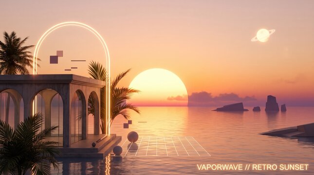 Vaporwave retro sunset over tropical ocean with palm trees and gazebo