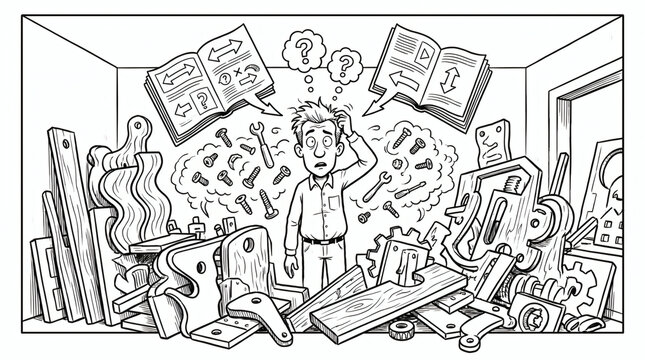 Confused Man with Complex DIY Furniture Assembly Illustration