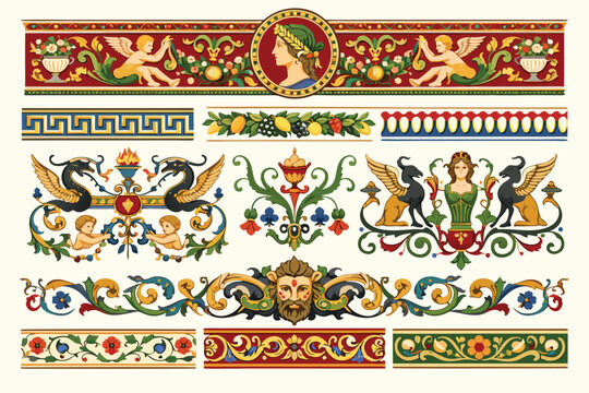 Elegant Italian Renaissance fresco borders and Florentine grotesque vector ornaments in a simple flat style featuring classic architectural patterns and historical decorative motifs for art.