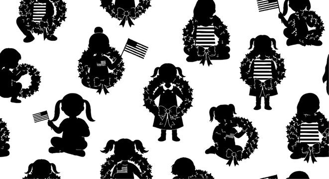 Patriotic child silhouettes with wreaths and american flags