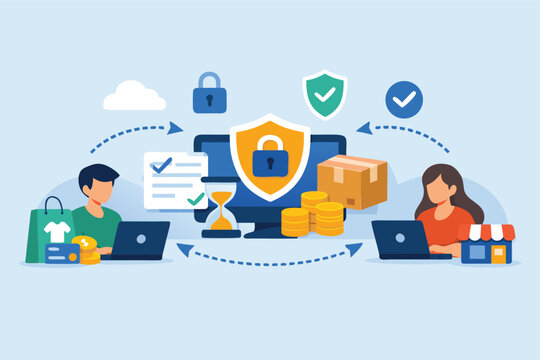 Secure online transaction process featuring buyer, seller, and a digital escrow system. Vivid flat vector illustration highlighting financial security, e-commerce trust, and payment protection.