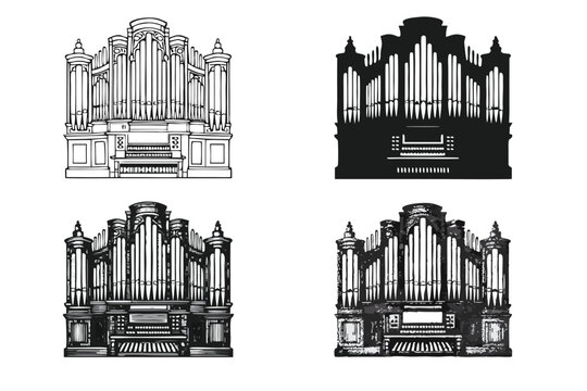 Detailed Set of Pipe Organ Illustrations in Various Artistic Styles Including Minimalist Line Art Flat Silhouettes and Elegant Outlines for Church Music and Classical Instrument Graphic Design