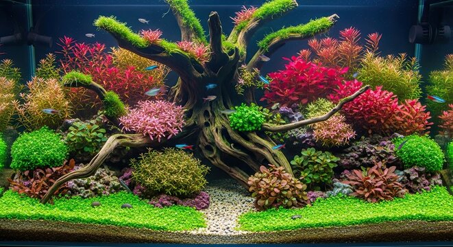 Vibrant Freshwater Aquarium Ecosystem with Lush Greenery and Colorful Plants.