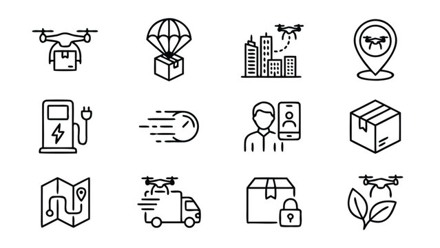 Minimalist Vector Line Icon Set of 12 Drone Delivery and Logistics Services Showcasing Autonomous Shipping Solutions Package Transport and Modern Distribution Technology for Future Tech Apps