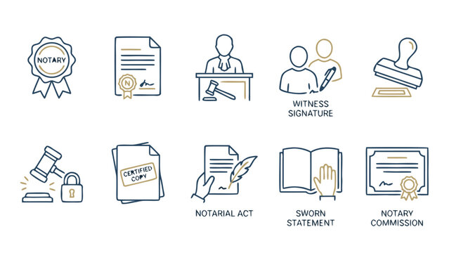Comprehensive set of ten notary services vector icons showcasing notary seals, document notarization, public witness signatures, legal stamps, and official certification symbols for law and business.