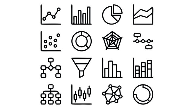 Versatile collection of sixteen minimalist infographic chart and graph line icons including bar pie and line charts for data visualization business reporting and statistical analysis tools.