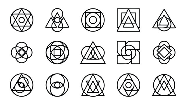 Abstract Geometric Shapes for Logos Outline Icon Set featuring Minimalist Distinct Elements Arranged in a Grid Pattern for Modern Branding, Corporate Identity, and Creative Graphic Design Concepts.