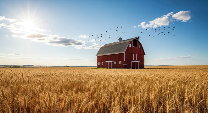 Vast Wheat Field with Red Barn and Birds Flying Under a Sunny Sky.