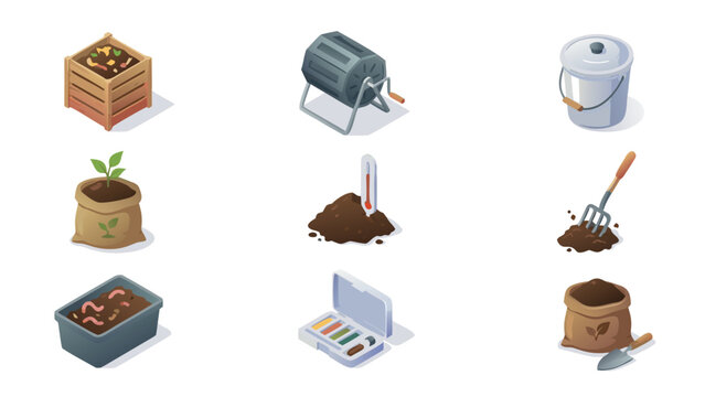 Set of nine isometric vector icons featuring modern compost bins and rich organic soil for sustainable gardening eco-friendly waste management recycling and urban farming illustration design.