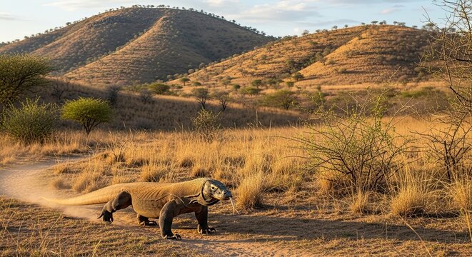 Komodo Dragon Walking in a Dry, Arid Landscape with Hills in the Background.