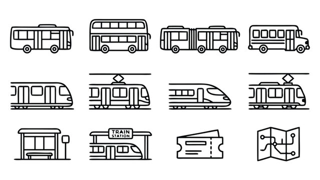 Comprehensive public transport vector icon set featuring minimalist line art buses, trains, and subway carriages in a grid layout, ideal for urban planning, transit apps, and travel infographics.