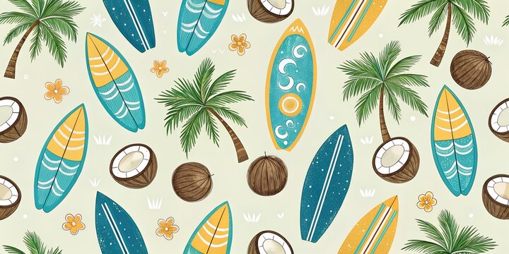 seamless pattern with palms & surfing board