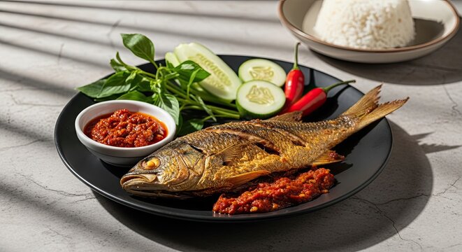 Delicious Fried Fish with Sambal and Fresh Vegetables.