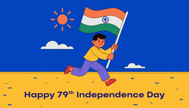 Indian Independence Day, celebration, happy 79th anniversary, flag, boy running