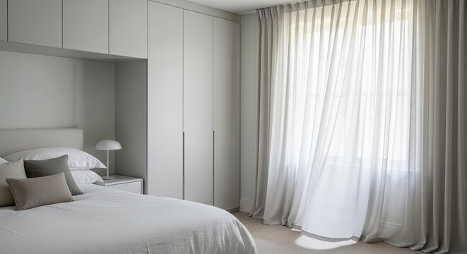 Minimalist Bedroom with Built-in Wardrobe and Sheer Curtains.