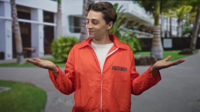 Man in orange inmate jumpsuit showing palms up shrug gesture outside building; uncertainty reflection.
