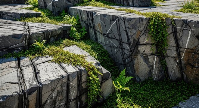 Rough Cut Stone Blocks with Greenery.