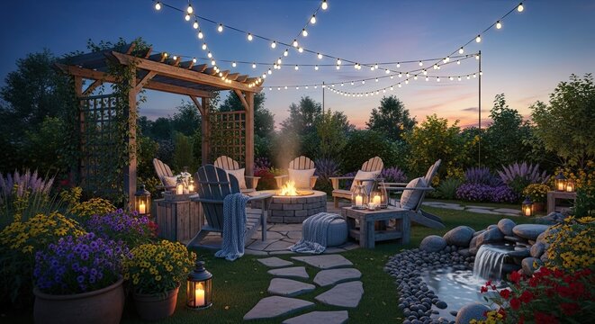 Cozy Backyard Oasis with Fire Pit and String Lights at Dusk.