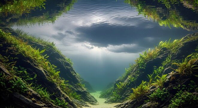 Underwater Canyon with Lush Greenery and Sunlight Rays.