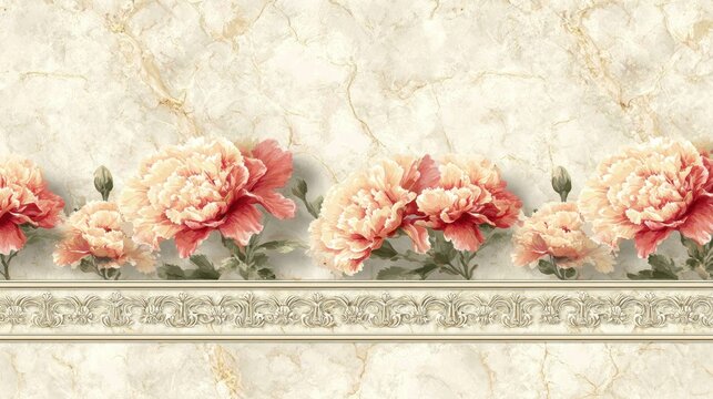 Elegant floral border design overlays a textured marble surface with decorative molding