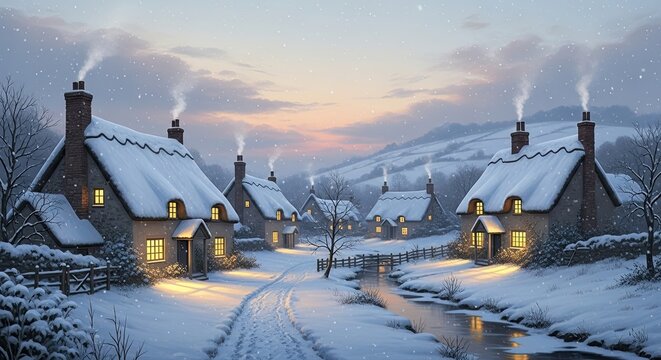 Cozy Winter Village Scene with Snow-Covered Cottages and Warm Lights.