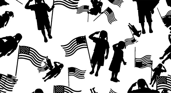 Patriotic pattern of children saluting the american flag
