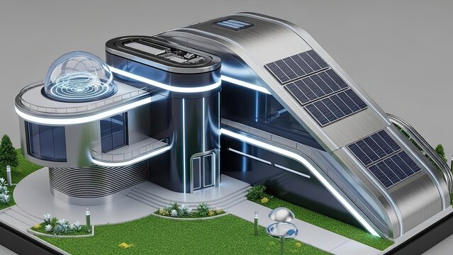 Futuristic Eco-Friendly Sustainable Building Design with Solar Panels.