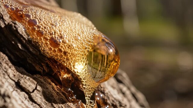Closeup Macro Shot of Amber Tree Sap Dripping on Rough Bark.
