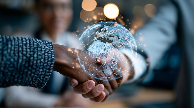 Faceless business meeting with two hands shaking and a globe overlay between them, no visible faces, soft corporate lighting, international collaboration, global partnership, unity,