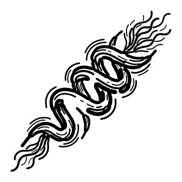 Black and white spirillum bacteria cell icon with dynamic spiral shape, minimalist vector illustration