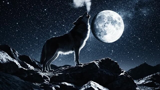 Solitary wolf howls at full moon from rocky outcrop